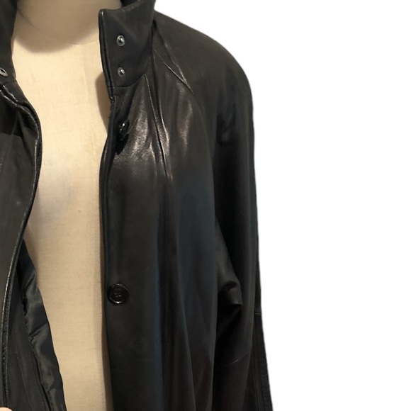 90s BLACK LAMBSKIN LEATHER MAXI TRENCH COAT HIGH COLLAR MINIMALIST MATRIX TIBOA - Picture 8 of 15